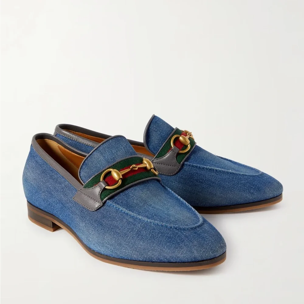 Gucci Blue Denim Horsebit Loafers with Green and Red Web